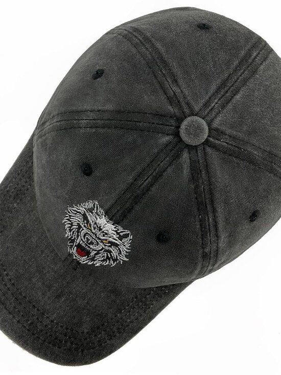 Women\'s Animal Embroidered Baseball Cap Black Gray Lightweight Casual Wolf